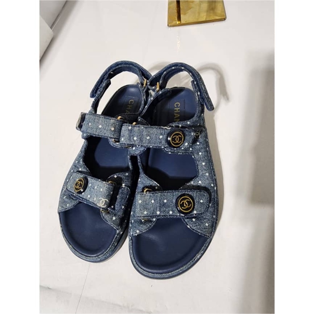 Authentic Chanel Denim Dad Interlocking Slingback Sandals Blue